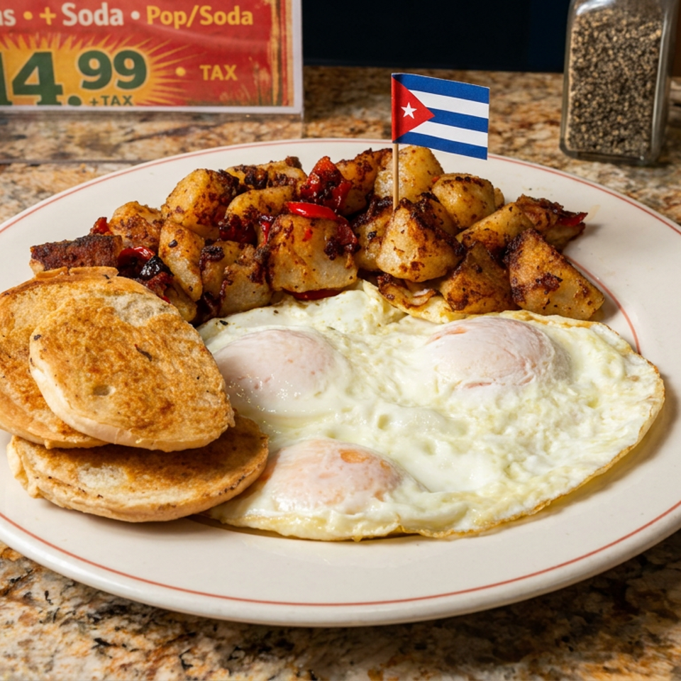 Cuban-style breakfast plate with fried eggs, sautéed potatoes and peppers, and toasted bread on a diner counter.