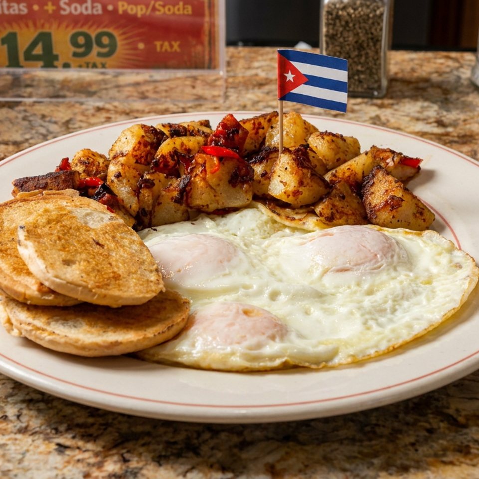 Cuban-style breakfast plate with fried eggs, toasted bread, seasoned potatoes, peppers, and a small Cuban flag on a granite counter.