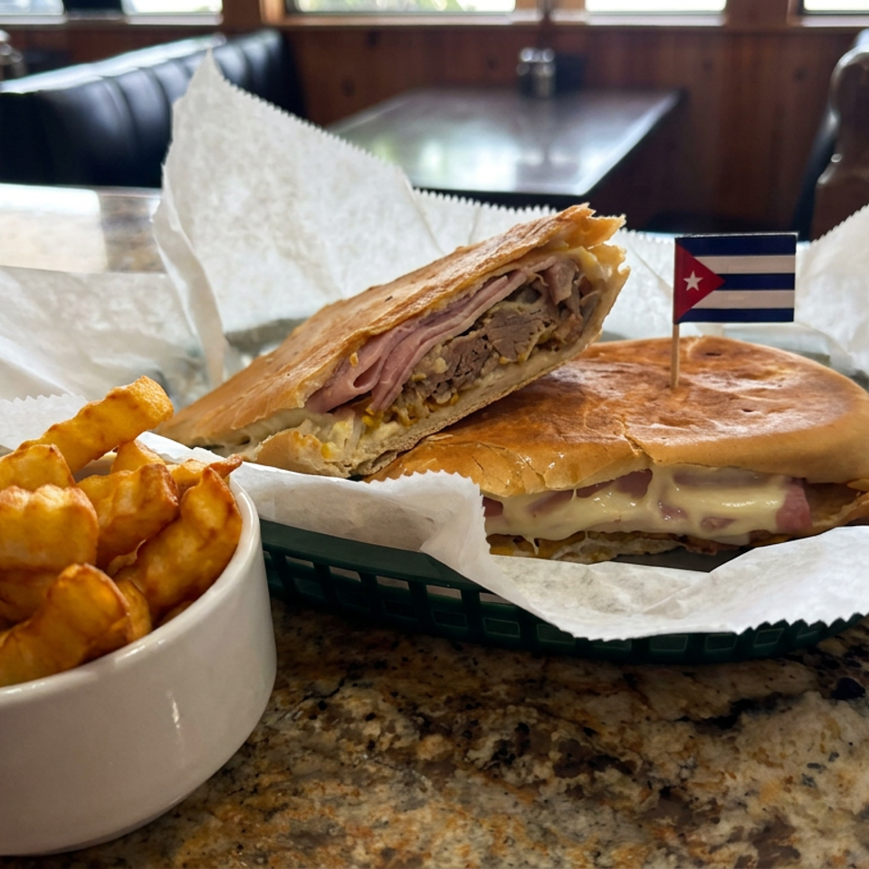 Cuban sandwich with sliced pork and ham, crinkle-cut fries, and a Cuban flag pick on a restaurant table.